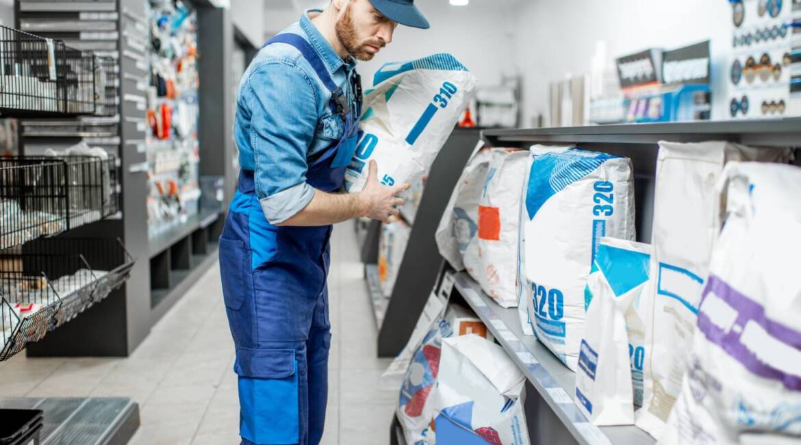 Workman buying building mixtures in the supermarket