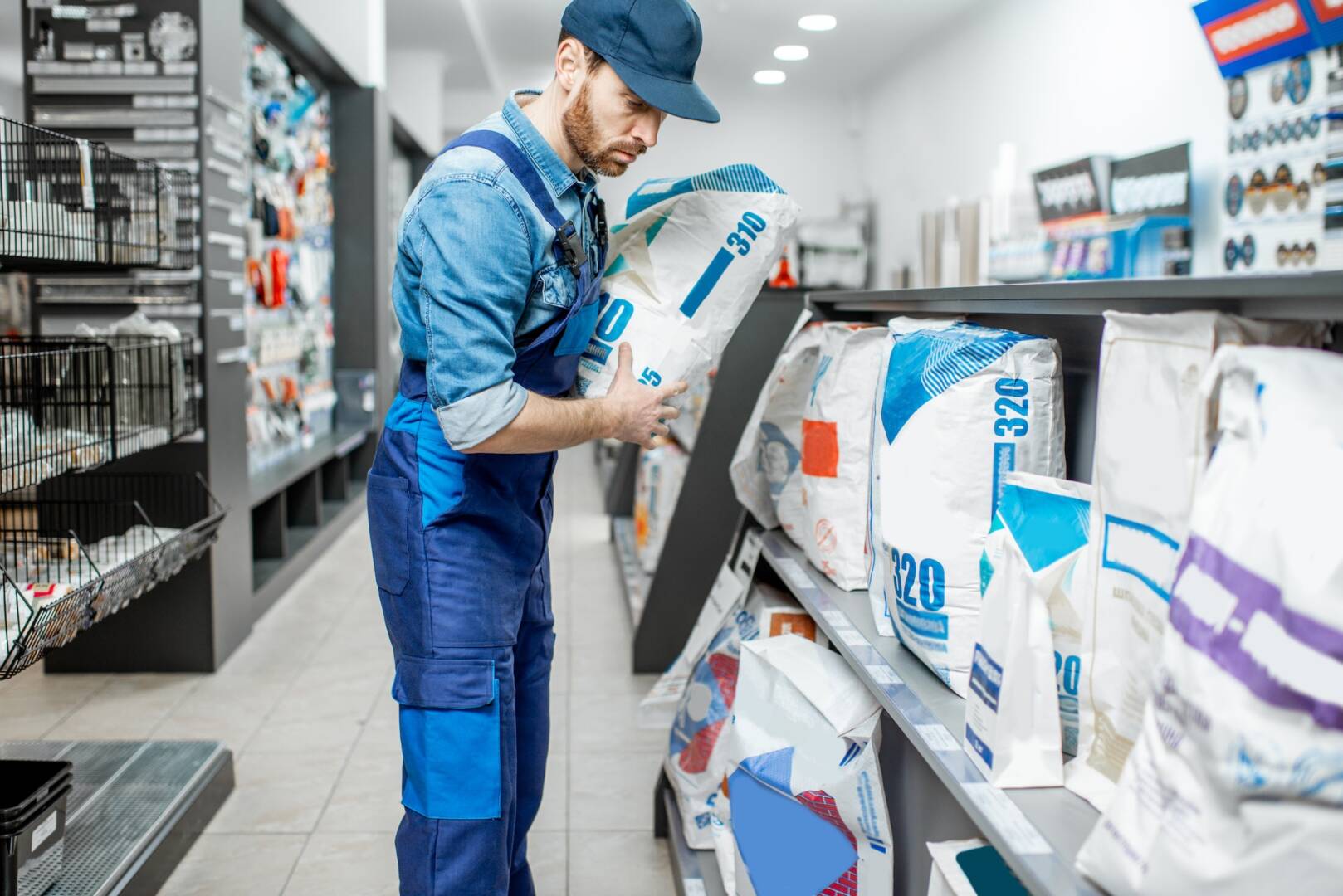Workman buying building mixtures in the supermarket